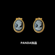 panda饰品复古麻花，欧美浮雕人像蓝色耳环黄铜气质，925银针耳钉女