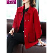 妈妈秋冬装羊毛呢外套，洋气中老年女装秋季时尚，中长款红色大衣
