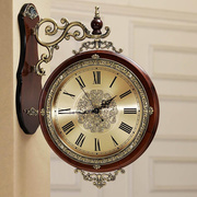 欧式双面客厅挂钟静音，两面时钟实木复古石英钟表墙壁钟表时尚创意