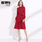 秋季女装2023红色连衣裙，显瘦系带收腰长袖雪纺裙气质中长款