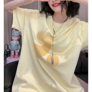黄色大码短袖t恤女夏季字母贴钻设计感小众百搭宽松美式上衣女