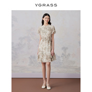 vgrass新中式真丝棉短袖气质，连衣裙夏季塔克褶工艺vsl2o23260