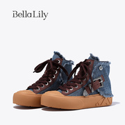 bellalily春季牛仔布高帮鞋女潮酷透气帆布鞋，系带板鞋子