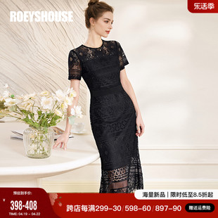罗衣法式浪漫蕾丝连衣裙，2024夏季优雅镂空修身黑色裙子10398