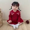 女宝宝毛衣裙(毛衣裙)婴儿，红色连衣裙新年套装女童绣花针织公主裙周岁礼服