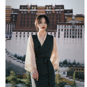 「尘凡」复古墨绿粉金2件套西藏服夏七分袖，连衣裙v领日常长裙女