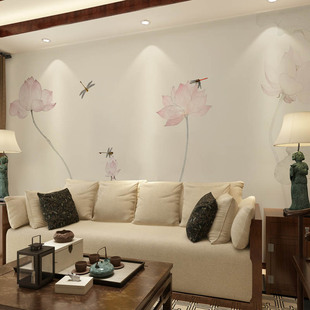 新中式电视背景墙纸壁纸沙发，卧室大型壁画，简约荷花墙布古典禅意境