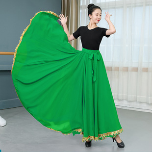 绿色古典舞蹈服女飘逸雪纺，半身裙720度大摆裙新疆现代舞演出长裙