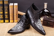 黑色系带尖头皮靴韩版英伦时尚，男靴子牛皮潮，男鞋商务低帮个性皮鞋