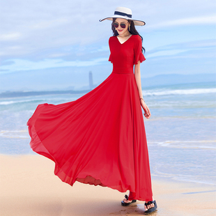 2024夏季红色雪纺气质大摆显瘦遮肉连衣裙长裙到脚踝超长款女