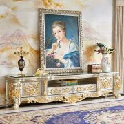 欧式电视柜实木别墅地柜2.4米翡翠金贴金箔实木雕花台面客厅家具