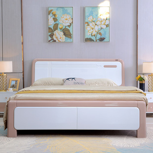简约白色烤漆橡木实木双人床主卧高箱床1.51.8米婚床2米大床