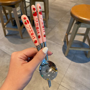 304不锈钢勺子筷子叉子三件套装儿童可爱草莓餐具小学生便携上班