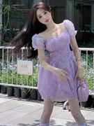 茶歇法式泡泡袖紫色连衣裙仙女夏季收腰绝美海边度假公主蓬蓬短裙