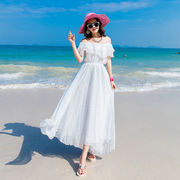 巴厘岛度假沙滩裙露肩一字肩连衣裙女长款雪纺拍照裙收腰显瘦学生