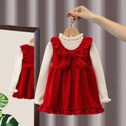 女童春季连衣裙套装2023年儿童洋气时髦女宝宝红色春秋款
