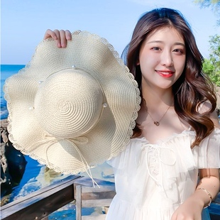 小清新太阳帽子女士网红时尚珍珠编织草帽夏天遮阳防晒海边沙滩帽