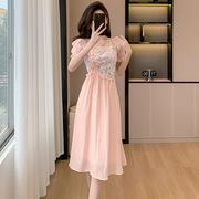 中式国风2024夏粉色(夏粉色)短袖，荷叶边雪纺，裙拼接碎花高腰显瘦中长裙