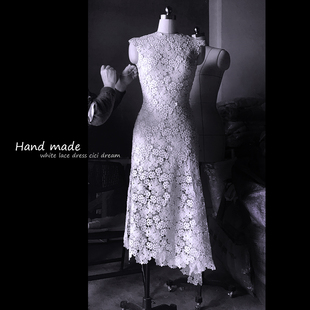 cicidream 全手工缝纫拼接 立体360度无痕包裹  白色蕾丝连衣长裙