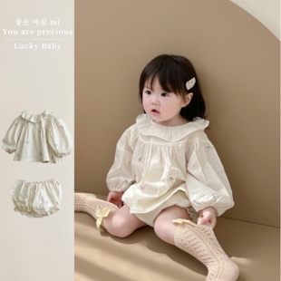 ins韩国秋季婴幼儿童荷叶翻领，刺绣樱桃长袖娃娃，衫女宝宝短裤套装