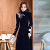 中式晚礼服女2023宴，会长款蓝色高端大气，优雅气质冬季丝绒长袖