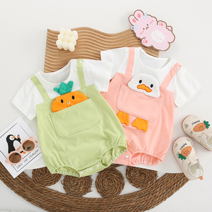 新生婴儿衣服夏季薄连体衣宝宝卡通，兜兜萝卜兜兜鸭子短袖包屁哈衣