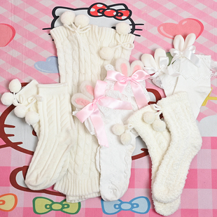 Lolita甜美兔耳朵袜秋冬保暖毛绒袜堆堆袜可爱毛球中筒袜毛线袜