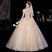 春季香槟色公主气质，婚纱礼服一字肩齐地网，纱结婚主婚纱