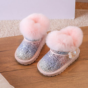 女宝宝水钻雪地靴2023冬季女童保暖棉鞋加绒加厚兔毛公主靴子