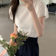 韩国chic极简主义 法式气质立领肌理感宽松休闲百搭纯色短袖T恤女