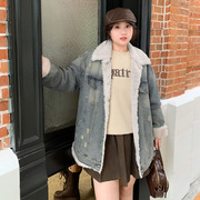 YUZI鱼子上衣翻领加绒牛仔棉服大码女装微胖mm妹显瘦遮肉水洗外套