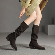 韩国时尚一脚蹬套筒长靴子女磨砂，真皮高筒靴大筒围堆堆靴骑行靴潮