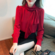 红色雪纺衬衫女长袖设计感小众，蝴蝶结系带衬衣，洋气内搭小衫上衣服