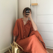 韩国 清新氧气少女 极简纯色单排扣 褶皱领衬衫式连衣裙