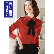 红色蝴蝶结衬衫女长袖时尚洋气复古雪纺系带衬衣2023打底职业上衣