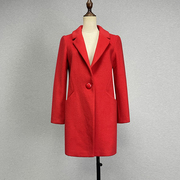 品牌折扣中长款红色羊毛呢大衣女本命年喜庆西装领单排一粒扣外套
