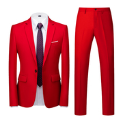 纯色外贸西服套装韩版男一粒扣两件套大红色婚礼宴会西装裤子