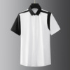 欧美潮牌男装夏季黑白几何拼接条纹短袖衬衫个性时尚休闲半袖衬衣