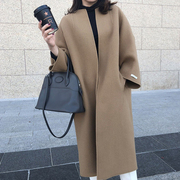 韩国chic极简主义秋冬气质，双口袋长袖中长款开衫，毛呢外套大衣女