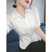 白色泡泡袖衬衫女夏季2024休闲时尚法式纱网短袖气质职业上衣