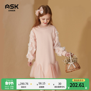 askjunior女童针织网，纱拼接立体花朵连衣裙，2024年儿童公主裙