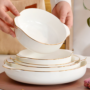 金边骨瓷餐具加深盘子蒸蛋碗，双耳汤碗蒸蛋羹，专用碗创意网红蒸饭碗