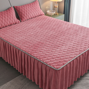 秋冬季珊瑚牛奶绒夹棉床裙，单件加绒法兰绒，绗缝1.8m床上床单床罩围