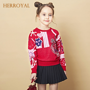 HERROYAL秋冬新年法式童装刺绣圆领虎头毛衣红色洋气亲子过年服