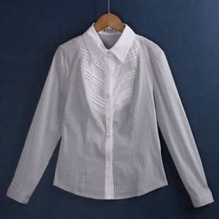 3856拼色衬衫 秋季翻领拼接百褶斜条纹白领气质长袖衬衣外贸