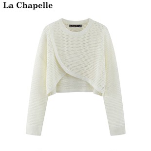拉夏贝尔lachapelle春秋季2024白色镂空罩衫，不规则针织毛衣
