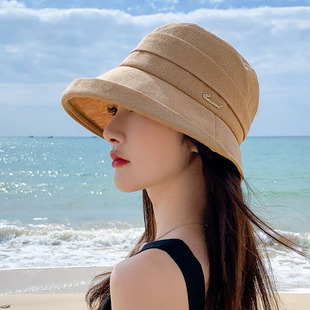 2024渔夫帽子女夏日本和纸遮阳防晒帽时尚优雅卷边字母太阳帽
