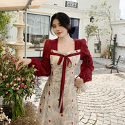 大码女装胖MM2024雪纺长袖遮肚显瘦新中式红色碎花裙连衣裙