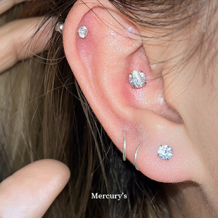 mercurys纯银锆石耳钉日常情侣，百搭叠戴超闪耳骨钉养耳银饰耳窝钉