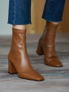 弹力靴女短靴2023年秋冬法式棕色显瘦复古中筒方头瘦瘦靴粗跟